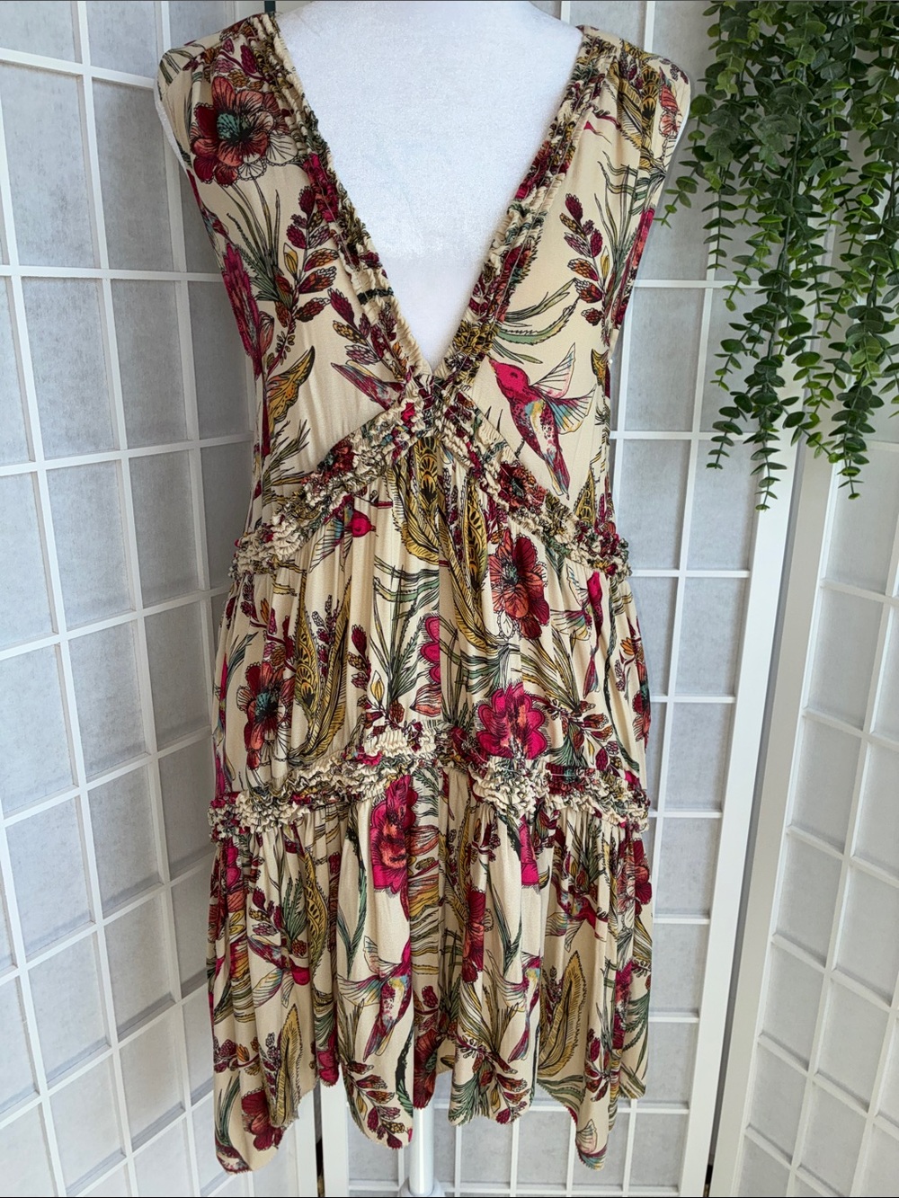Free People Cream Tiered V-Neck Sundress with Multi Colored Tropical Print L